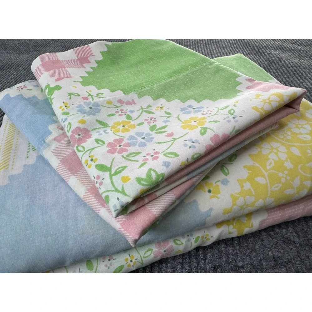 Vintage Sears Patchwork Full Sheet Set 4 Pc Flat Fitted 2 Cases Floral Gingham